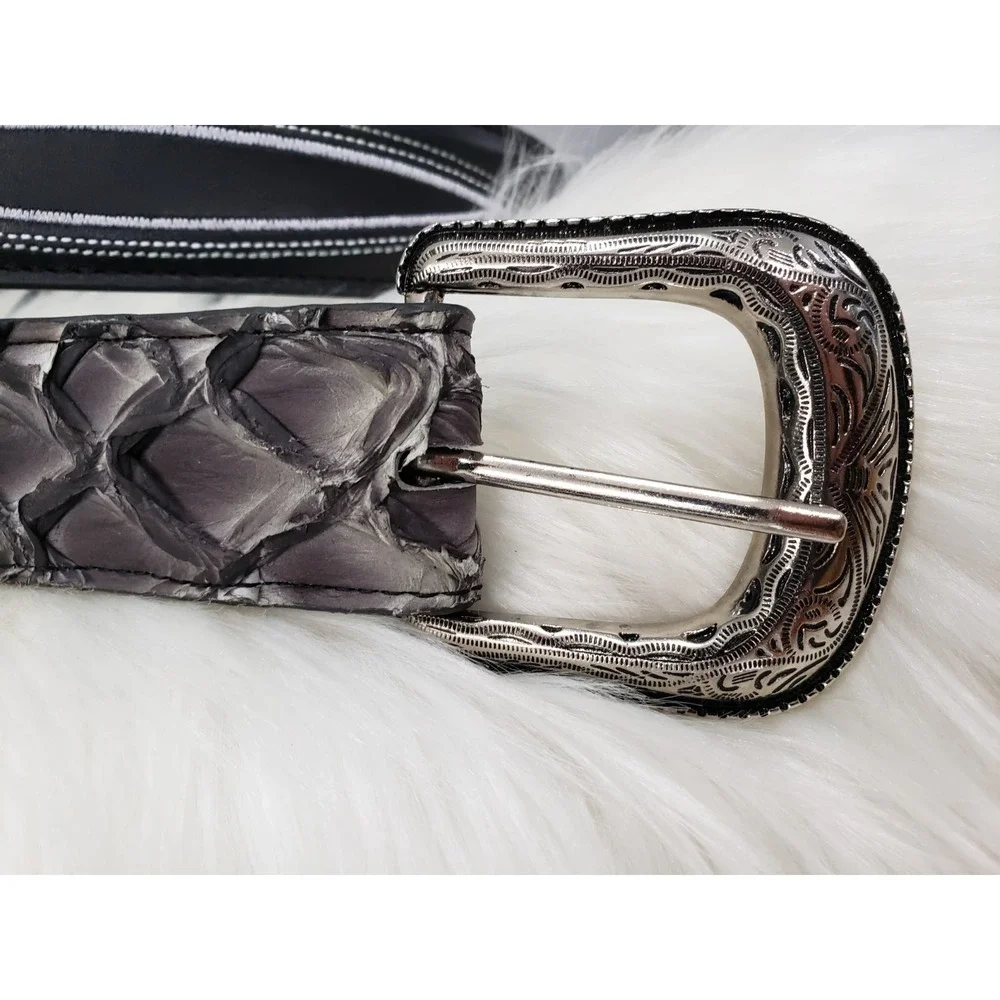 Cody James Mens Embroidered Pirarucu‎ & Bovine Leather Belt Size 46 BLACK